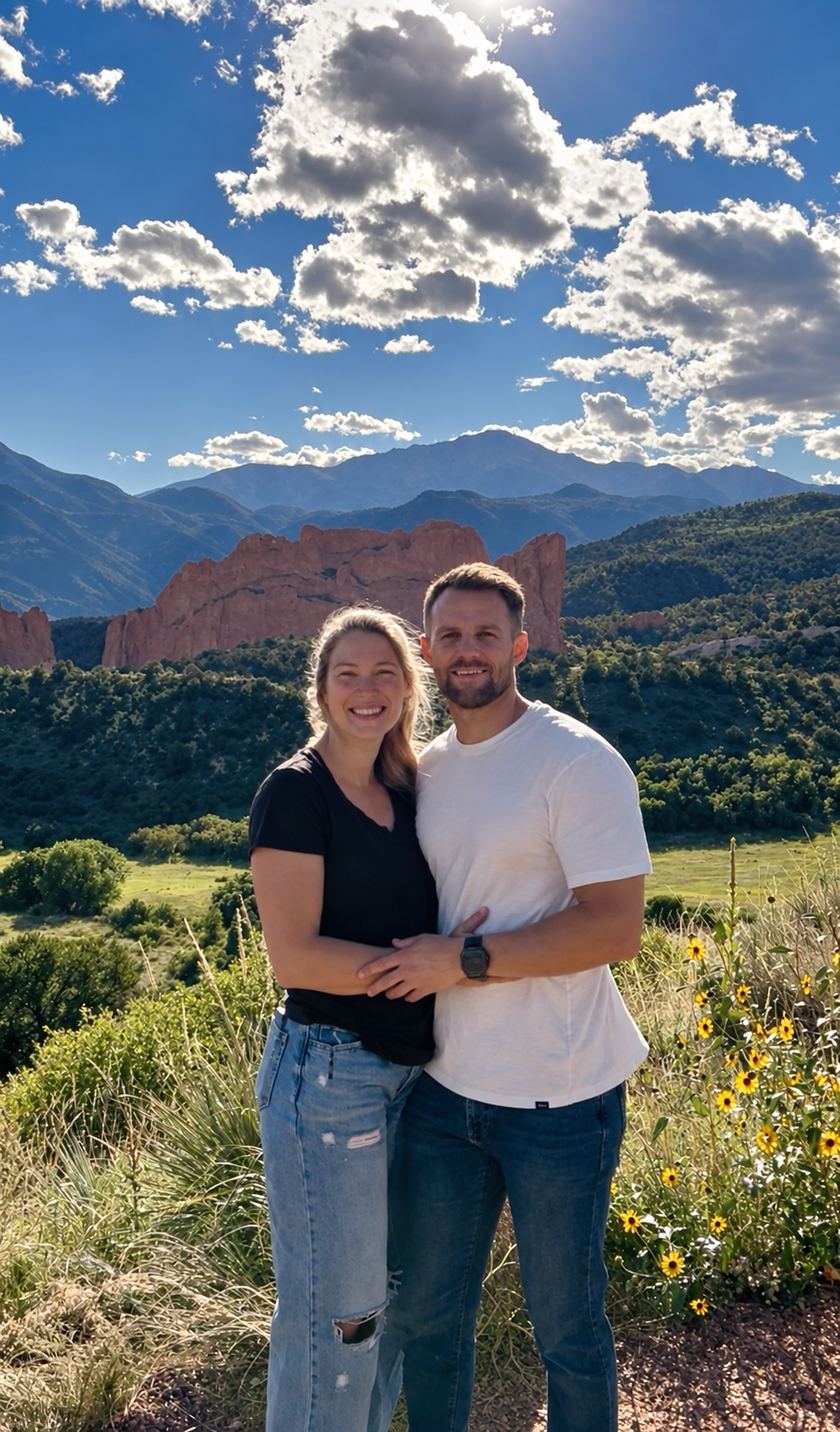 Alec and Jen at Garden of the Gods with Pikes Peak in the background