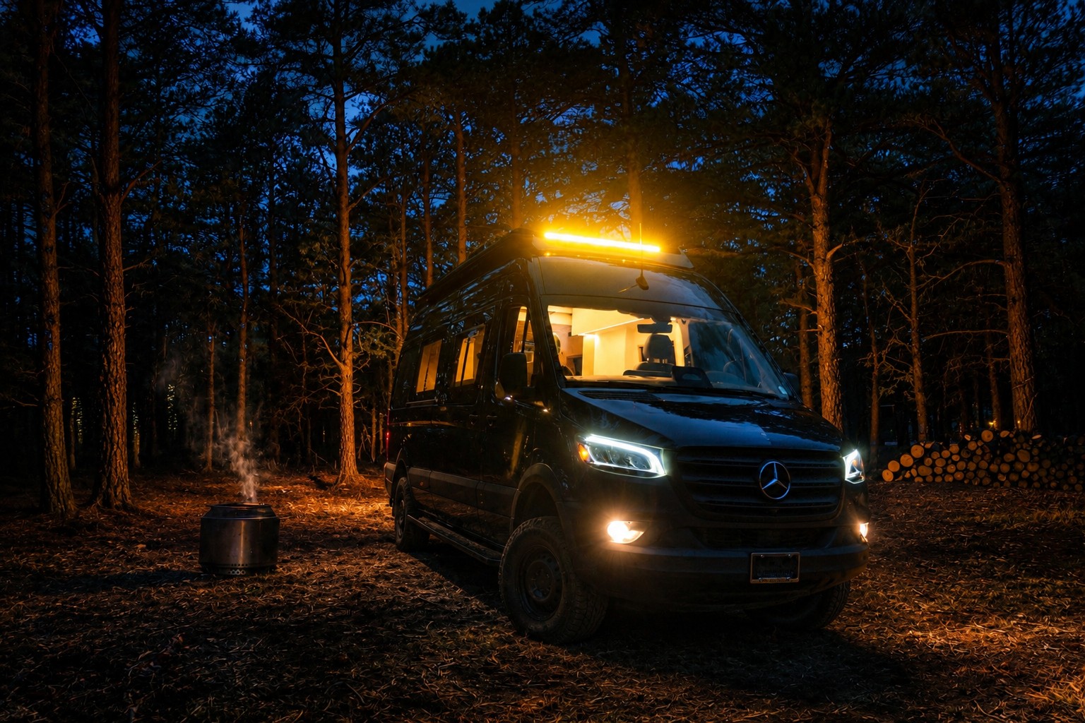 The Den parked among pine trees at dusk with headlights and amber roof lights on.